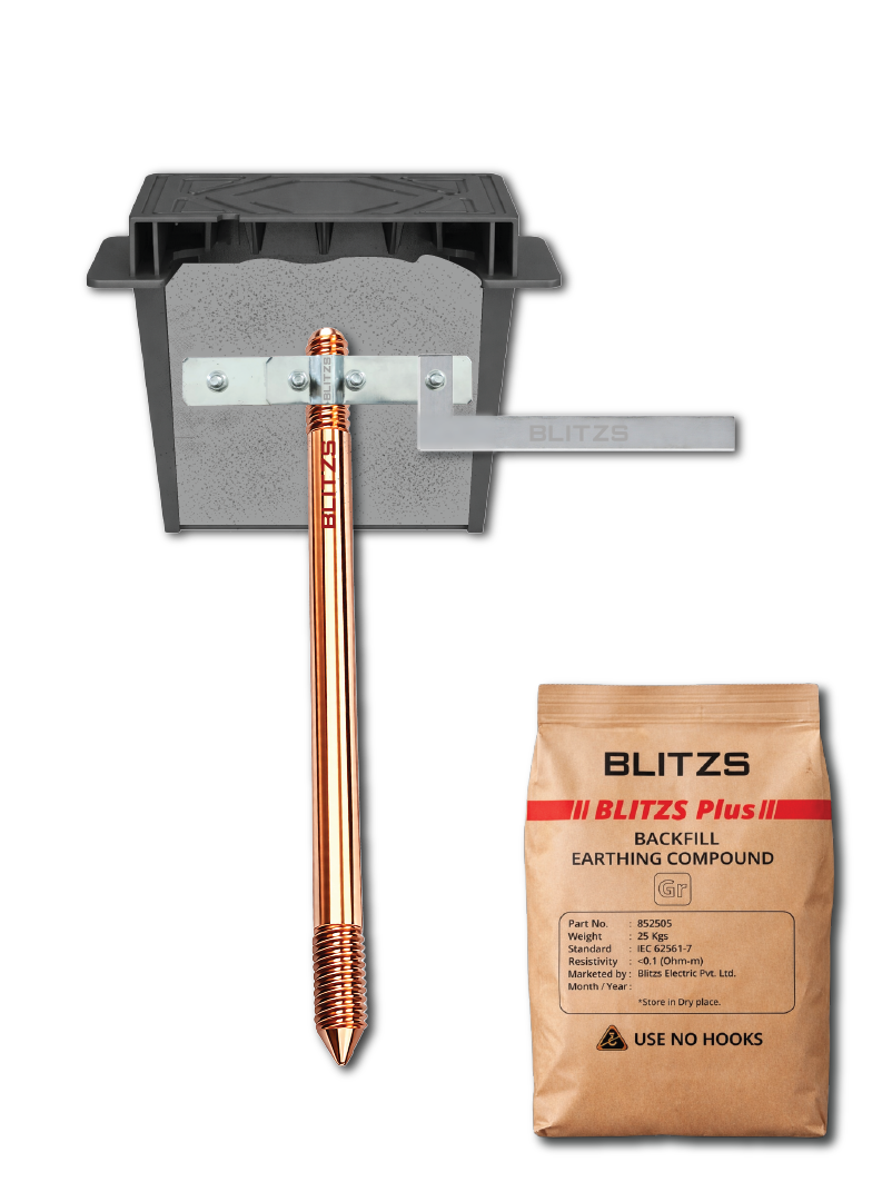 Copper bonded earth rod and backfill earthing compound Blitzs copper bonded earth rod clamped to an earth strip inside an inspection pit, with a 25 kg bag of Blitzs Plus backfill earthing compound to IEC 62561-7