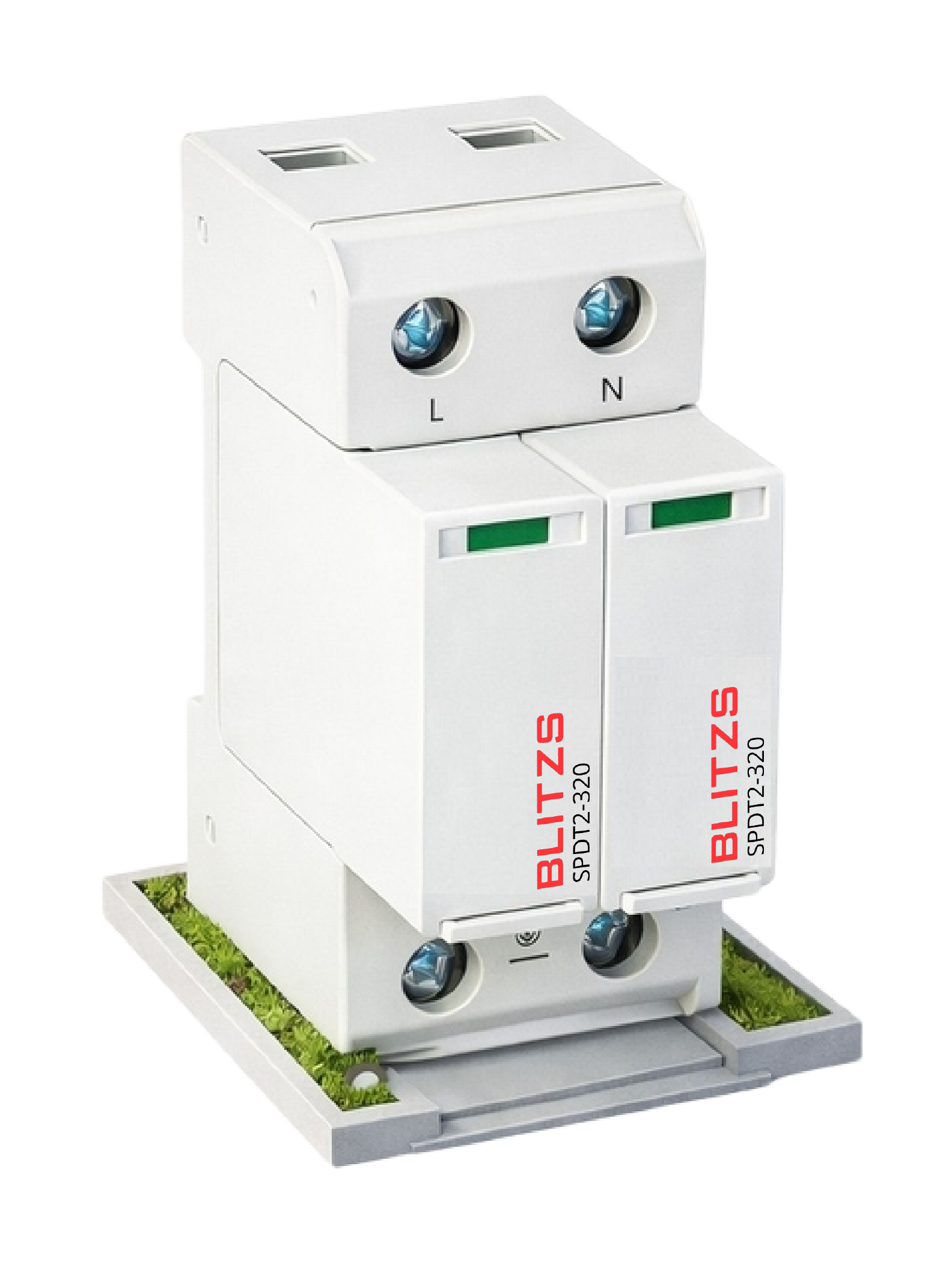 Blitzs SPDT2-320 surge protection device Blitzs SPDT2-320 two-pole surge protection device on a DIN rail with line and neutral terminals and green status indicators